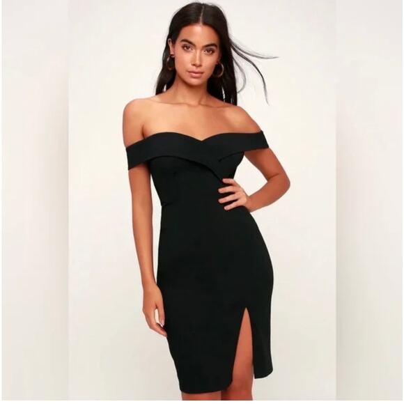 Lulus Sweetheart Off Shoulder Knee Length Slit Bodycon Classic Glam Dress Small - Picture 3 of 15